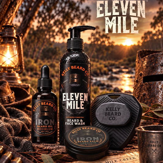 Complete Kit: Eleven Mile Beard & Face Wash, Iron Beard Oil and Balm, and the scalp scrubber