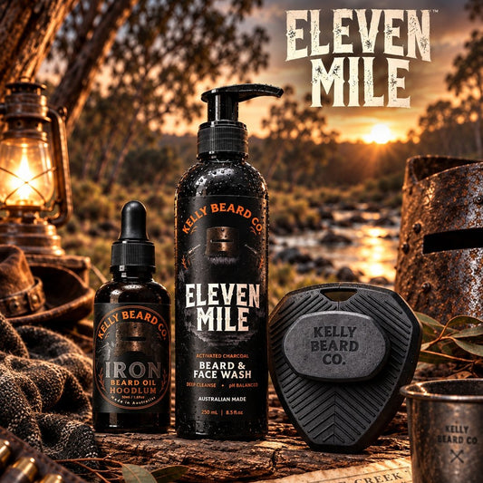 Starter Kit: Eleven Mile Beard & Face Wash, Iron Beard Oil and scrubber in a rustic lantern-lit scene